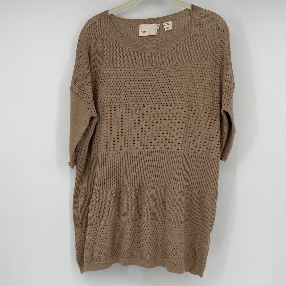 Anthropologie YOON Cotton Cashmere Open Knit Tunic Sweater S Beige Lagenlook